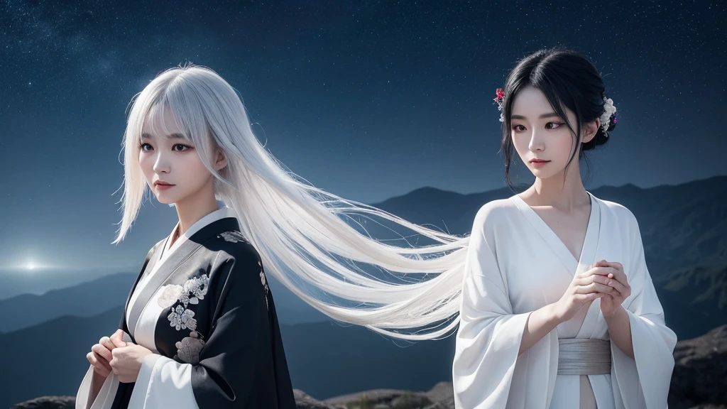 A delicate and lovely ancient goddess with lustrous black hair. She wears a white kimono wear and a simple silver hair mixture. The background is a fantastic and ethereal night sky, as if possessed by a specter. Her expression is stern and atmospheric.