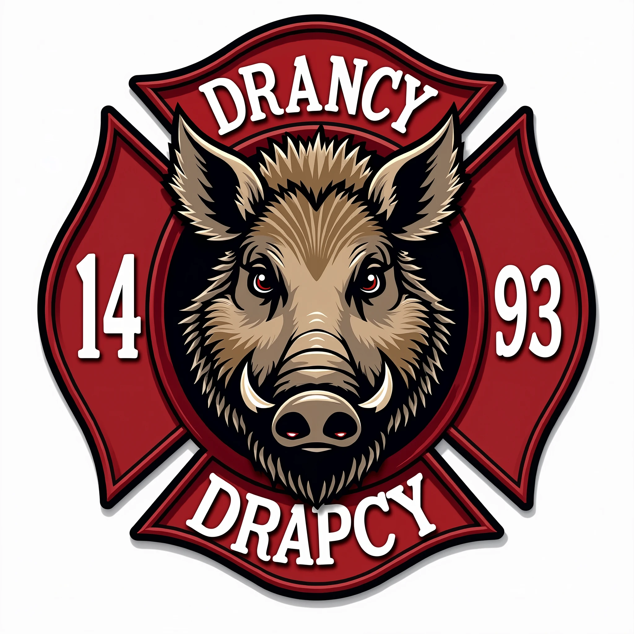 Create a fire station logo for the city of Drancy, 14th company, department 93 with a wild boar as the key animal