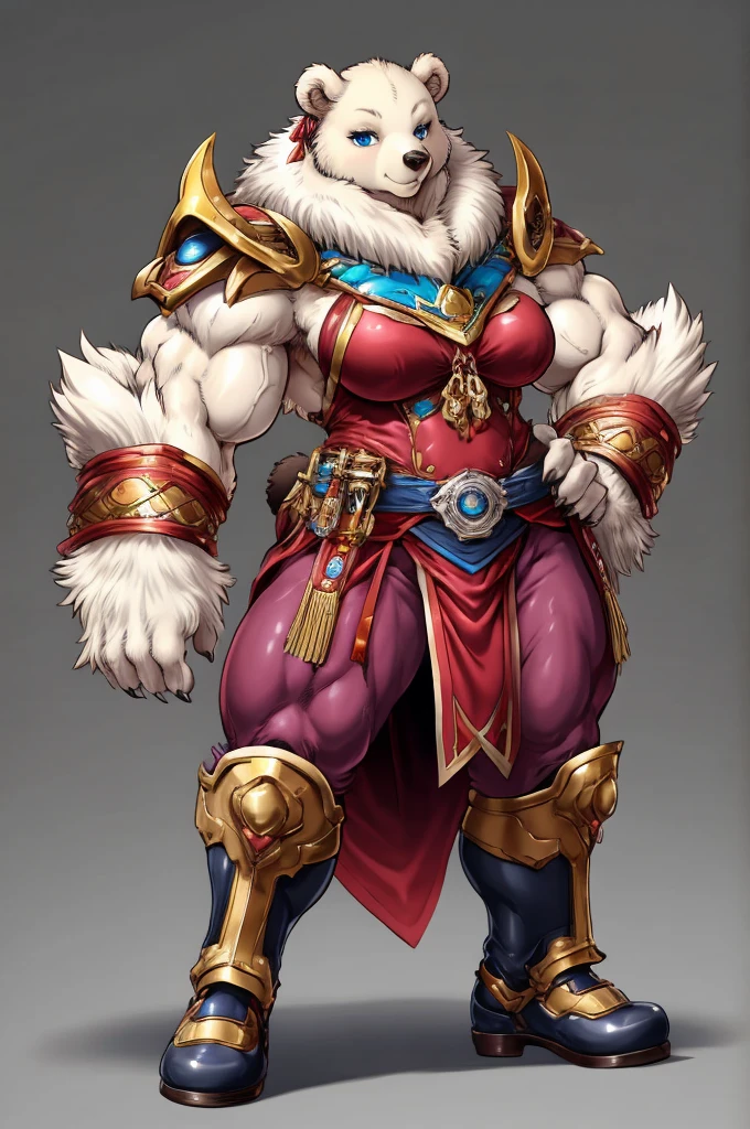 ((bear)), furry female anthro,bear girl,HD,sharp,beautiful and detailed,woman ((anthro)),1girl,Milf, mature woman,white skin, white bear,(look at viewer) ,(muscle),(detailed fluffy),by dr comet,by pochincoff, by jlullaby,by kingbang,by obui,by ZeroQrisu,by sparrow,by gmeen,blue eyes, warior outfit,standing,((simple background)),(gray background,)