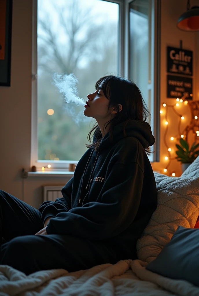 Mysterious girl in baggy balck clothes, joggers smoking in her room
The room should be astheticaly decorated.
Girl is s.oking and lookin outside of the winddow where its a rainy weather but not actually raining
Puffs
Plus girl should be looking outside the window and window should be open