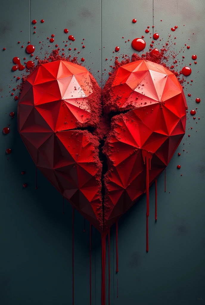 Geometric heart drawing, with a gunshot wound, that is bleeding, and has blood splattered around it