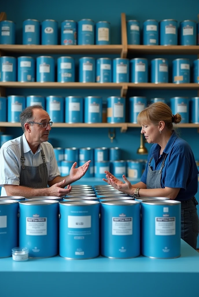 Visualize a realistic scene in 8K, inside a store specializing in paints. The image highlights a counter full of 18L paint cans, arranged in an orderly fashion. a salesperson, positioned behind the counter, points to the cans while explaining the features or recommending an option. Standing before him, a woman observes attentively, considering the suggestions of the salesman. The image is dominated by shades of blue, that are reflected on the store walls, on the labels of the paint cans and in the details of the environment, creating a serene and trustworthy atmosphere. The soft lighting and richness of detail give the scene an immersive and realistic quality