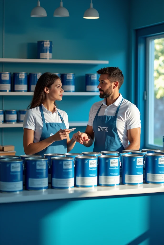 Visualize a realistic scene in 8K, inside a store specializing in paints. The image highlights a counter full of 18L paint cans, arranged in an orderly fashion. a salesperson, positioned behind the counter, points to the cans while explaining the features or recommending an option. Standing before him, a woman observes attentively, considering the suggestions of the salesman. The image is dominated by shades of blue, that are reflected on the store walls, on the labels of the paint cans and in the details of the environment, creating a serene and trustworthy atmosphere. The soft lighting and richness of detail give the scene an immersive and realistic quality