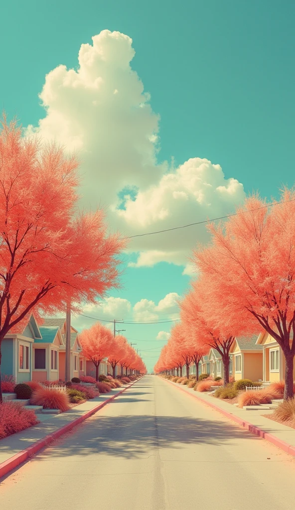 Retro surreal suburban street with pastel pink clouds floating above, bright orange trees, and clear blue sky. The scene is dreamlike and nostalgic, with a steep road leading into the distance, lined with identical houses. The image has a grainy, vintage texture, reminiscent of 70s sci-fi films, with an ethereal, otherworldly atmosphere.
