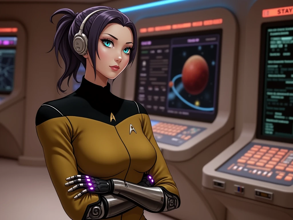 anime cyborg android girl in starfleet uniform at console