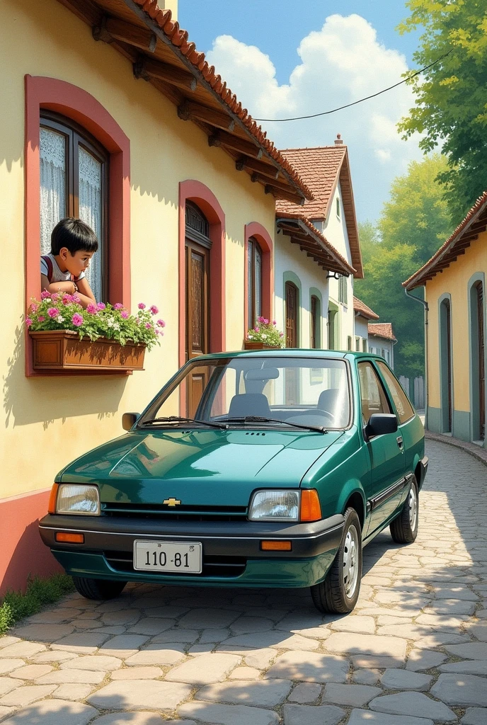 Watercolor painting of a dark green 1994 Chevette L car with the Chevrolet logo parked on a cobblestone street with simple old houses. A boy is gazing out of a window. 