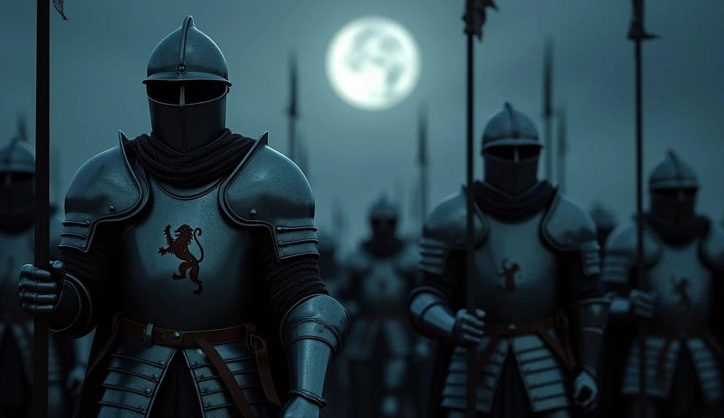 A highly realistic, high-contrast, 8K HD, detailed, hyper-detailed image of medieval knights marching under the night sky, with a full moon shining brightly above. The knights, clad in steel armor with a lion emblem on their tunics and helmets fully covering their faces, move forward with determination. The moonlight casts a soft, eerie glow on their armor, illuminating the path ahead as they advance in formation. The atmosphere is both calm and tense, with the silent march under the moonlight creating a powerful and mysterious mood. The image is of the highest quality, with ultra-high resolution, RAW photo quality, and Unreal Engine rendering, capturing the knights' unwavering resolve as they march through the night, guided by the light of the full moon, with the lion emblem proudly displayed on their armor.
