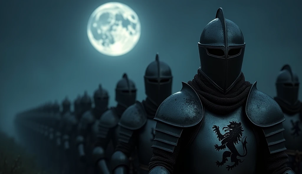 A highly realistic, high-contrast, 8K HD, detailed, hyper-detailed image of medieval knights marching under the night sky, with a full moon shining brightly above. The knights, clad in steel armor with a lion emblem on their tunics and helmets fully covering their faces, move forward with determination. The moonlight casts a soft, eerie glow on their armor, illuminating the path ahead as they advance in formation. The atmosphere is both calm and tense, with the silent march under the moonlight creating a powerful and mysterious mood. The image is of the highest quality, with ultra-high resolution, RAW photo quality, and Unreal Engine rendering, capturing the knights' unwavering resolve as they march through the night, guided by the light of the full moon, with the lion emblem proudly displayed on their armor.
