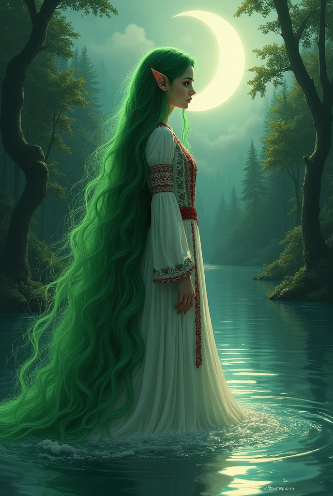 Create an image of Ukraine style Mavka with very long green hair and an evil look. She wears white dress like Ukrainian vyshyvanka. She stands in the water half sideways and looks into the distance. dense forest in the background with moon. She has elven ears. Miho Hirano art style