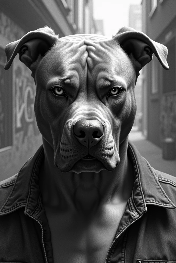 Create characters a head half Pitbull dog and half angry male man drawn in pencil in a realistic way