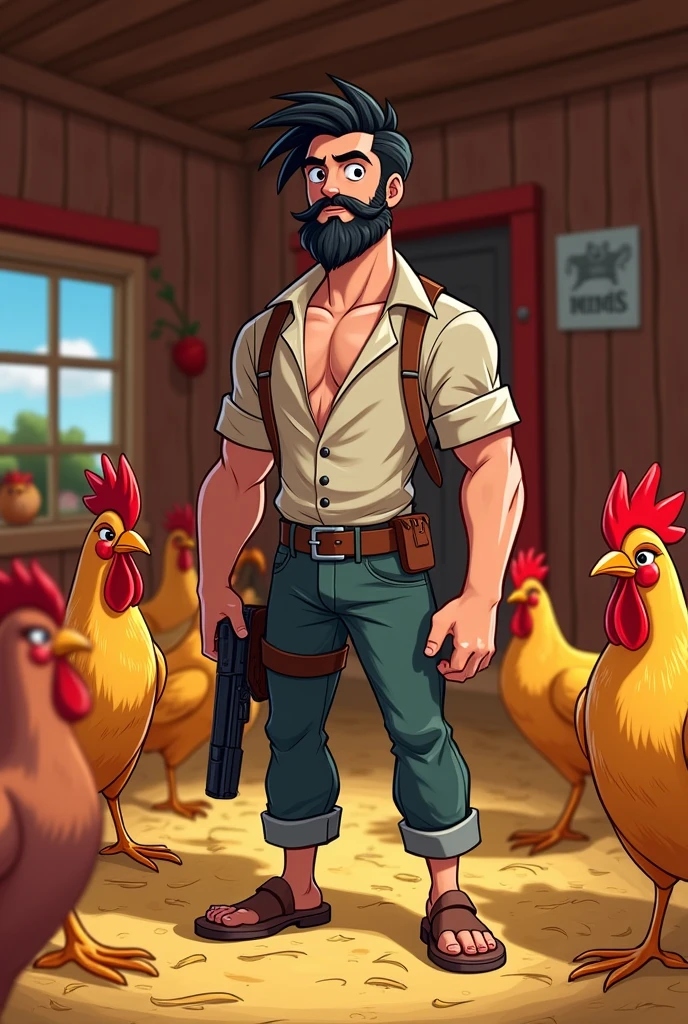 Make a 25-year-old, with a pistol at his waist, bearded, with black hair and in the cartoon chicken coop
