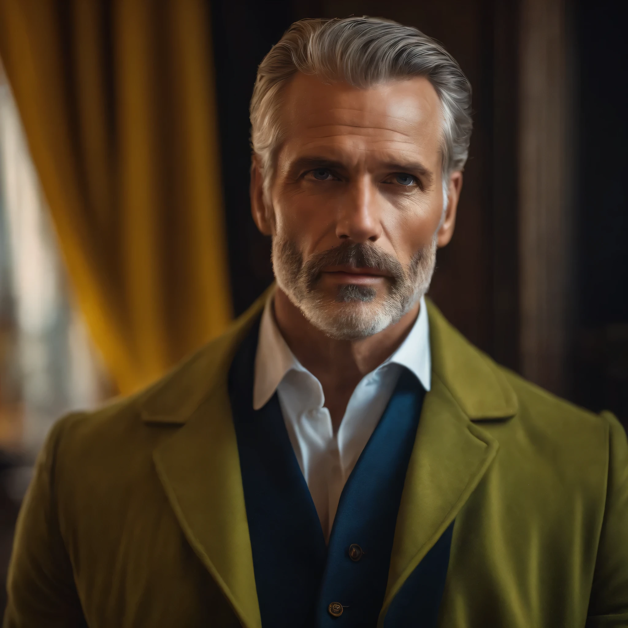 a man with rough, youthful features and white hair with darkened roots is wearing fur boots, military coat with fur collar, gloves,on the face there are glasses with square frames, the lenses sparkle in the light, a Soviet earflap on the head of a man with a Soviet star on it, solo, scar on eyebrow,scar on the lip,he himself stared at the viewer with a serious gaze,pale yellow eyes with a small pupil,the man himself inspires fear,his eyes emit a slight glow he himself is in twilight,there are square-framed glasses on his face and half of it is occupied by a fresh burn scar,he holds a slightly smoking cigarette in his hand, raised to his mouth,khaki pants,he sits on the right side of the table,on a chair, looking defiantly at the viewer and raising the barrel of a pistol towards the viewer with his other hand,continuing to smoke stigara,on the table there is a book by Dostoevsky and a bloody puddle next to it against the backdrop of a dark gloomy room with a flashing light