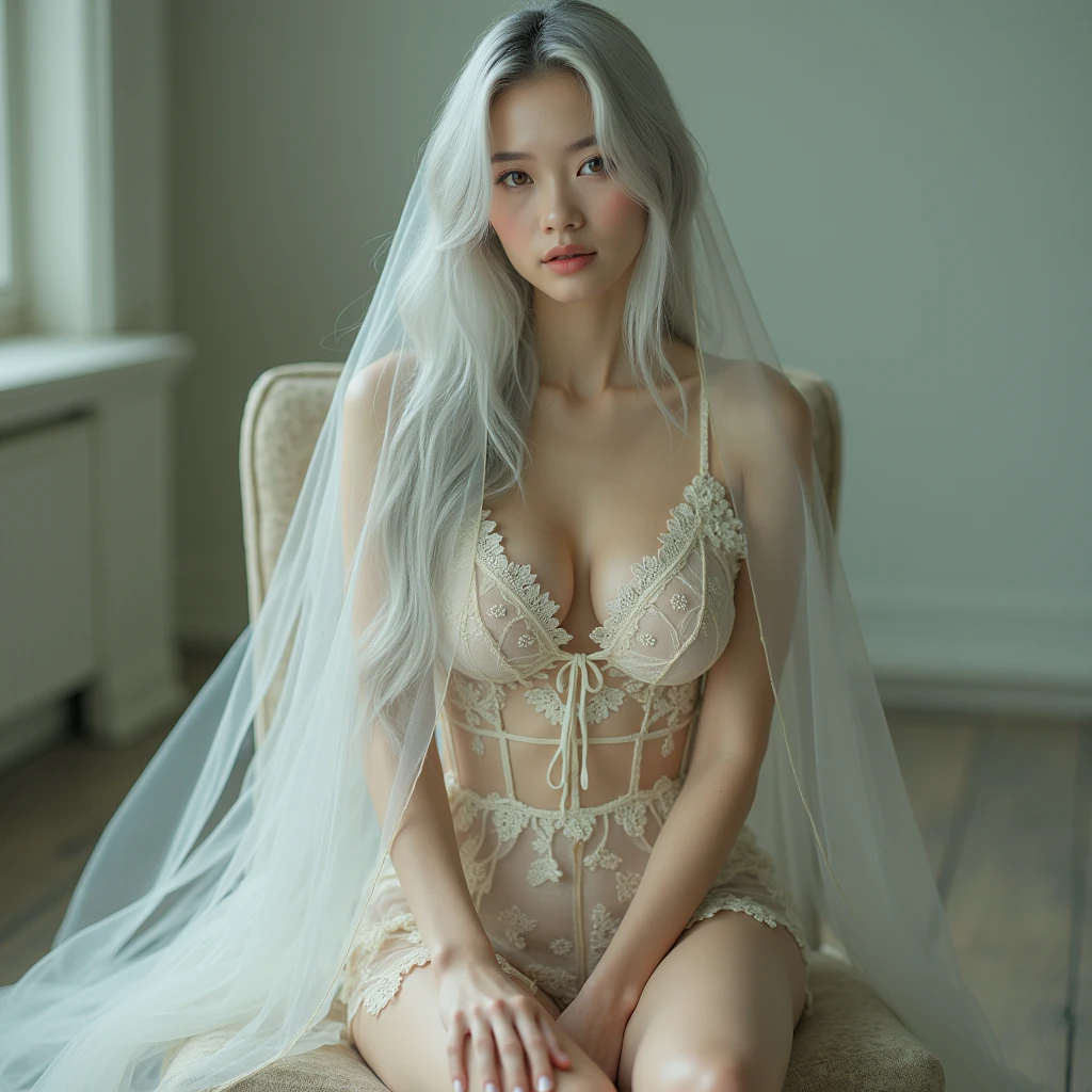 Hyper-realistic photo of a professional model with pale skin posing for a fashion photoshoot. Beautiful model in transparent floral lace night short dress, slender figure, beautiful large breasts, covered in transparent veil, lots of body exposure, full body image facing forward, fantastical painting-like image, silver hair, white translucent skin, long false eyelashes, sitting on a chair facing forward with legs apart, facing forward and legs apart to show crotch , lemon pastel transparent floral lingerie, glass high heels,