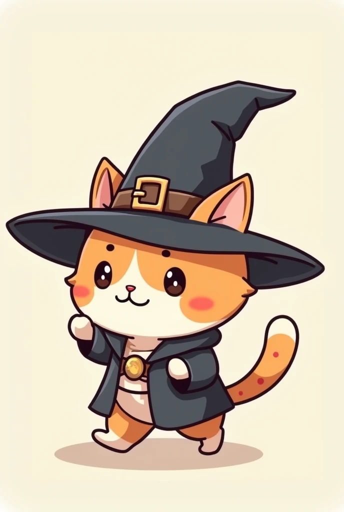 Simple and cute cartoon character illustrations, Cute chibi-style cat that walks on two legs,The majority of the background is a single color, Cat is wearing a slightly oversized wizard's hat, Wearing a magician's robe, A design that evokes a sense of familiarity and trustworthiness,