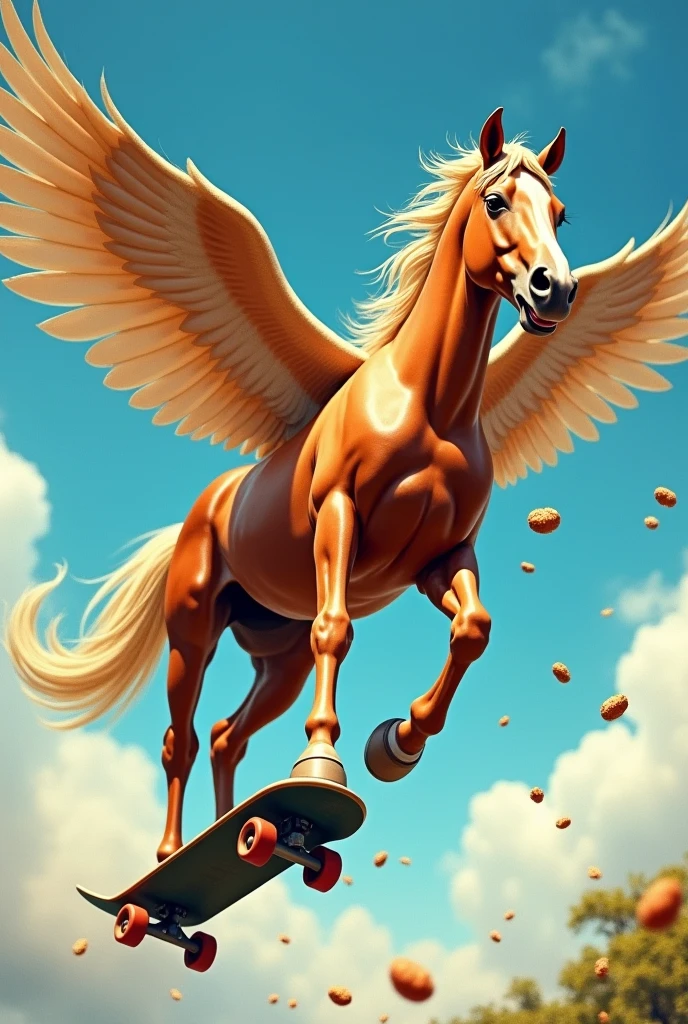 Make a horse with airplane wings attached to it while it eats country apple pie churros. he is also skateboarding and shouting "Understand ICT demands"