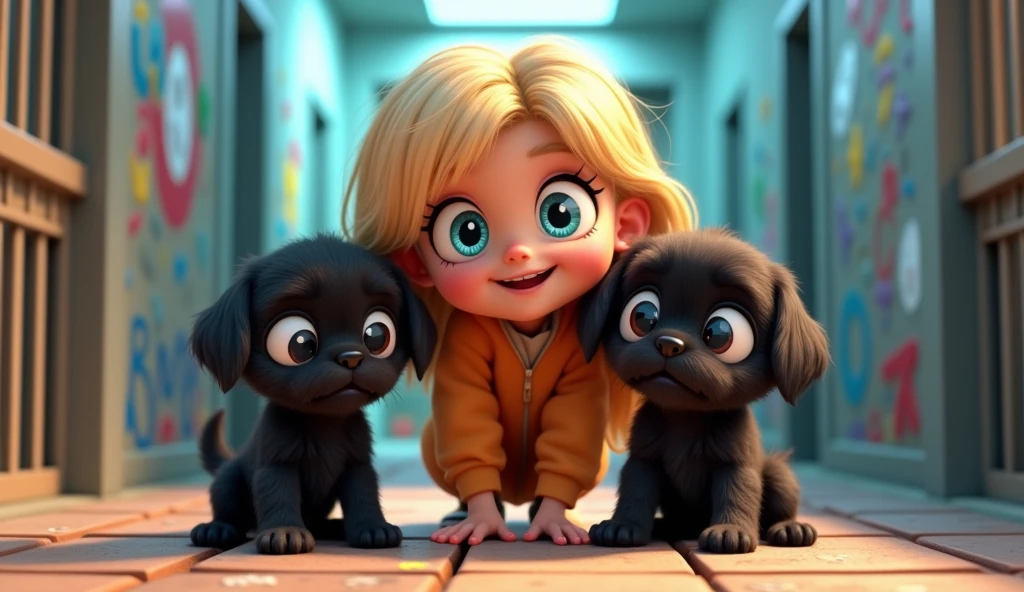 Cute blonde girlbig blue eyes,20 years old, 2 adorable black shih tzu puppies with big blue eyes, in jail 3D Pixar style