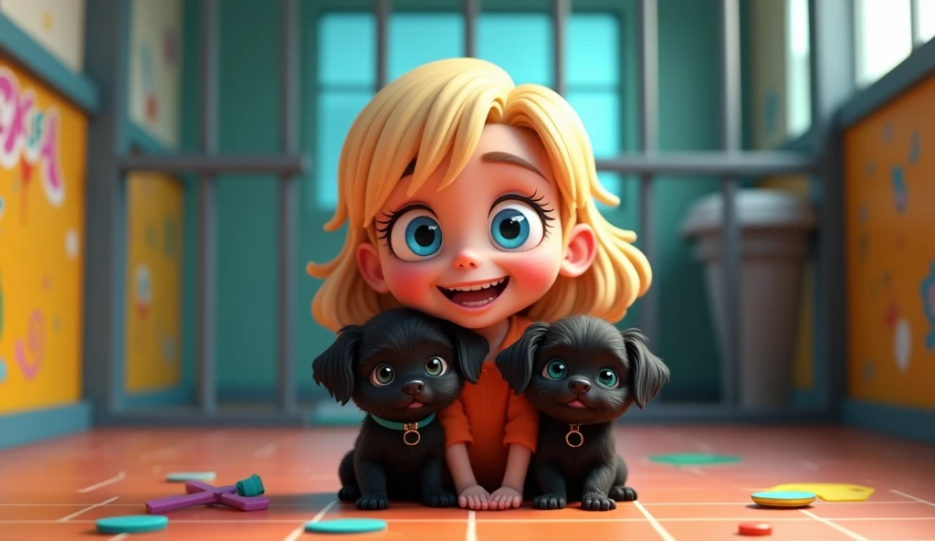  Cute blonde girlbig blue eyes,20 years old, 2 adorable black shih tzu puppies with big blue eyes, in jail 3D Pixar style