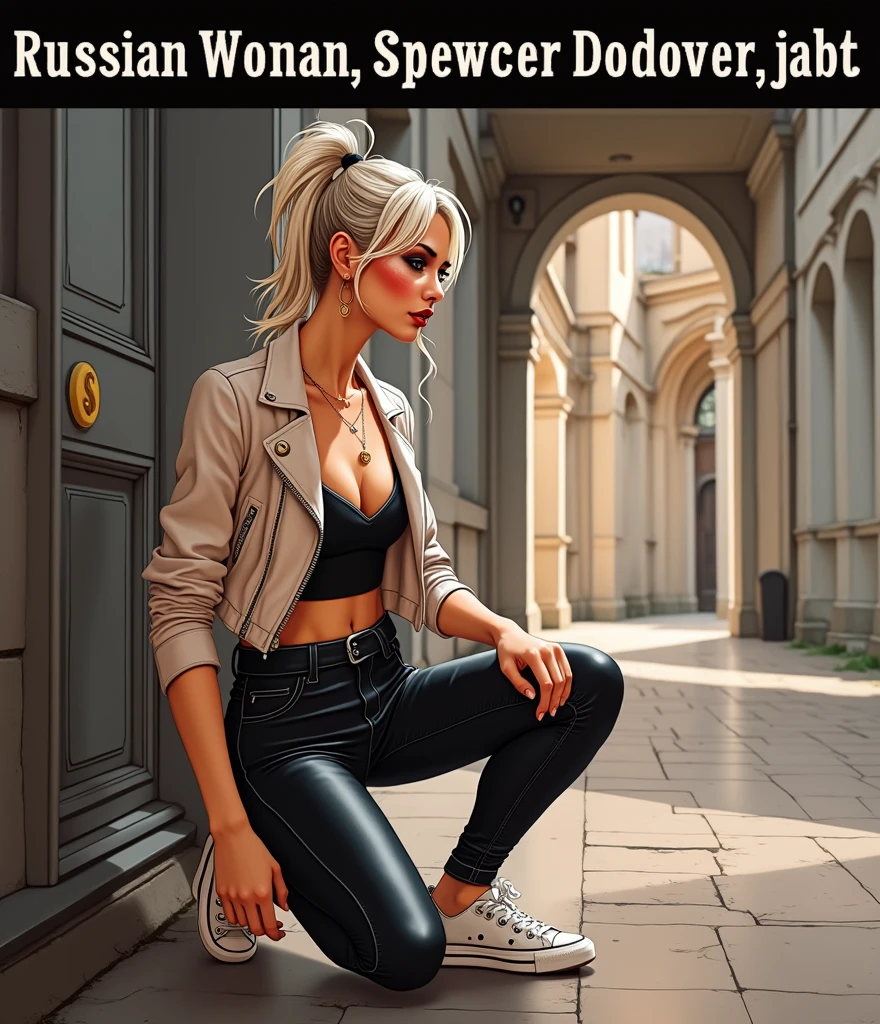 Old russian milf, platinum blonde hair in ponytail ,with very light blue eyes, pale, smeared heavy makeup. Wearing black moto jacket, cropped rock t-shirt, black leather jeans and white tennis sneakers. Sad face, crying