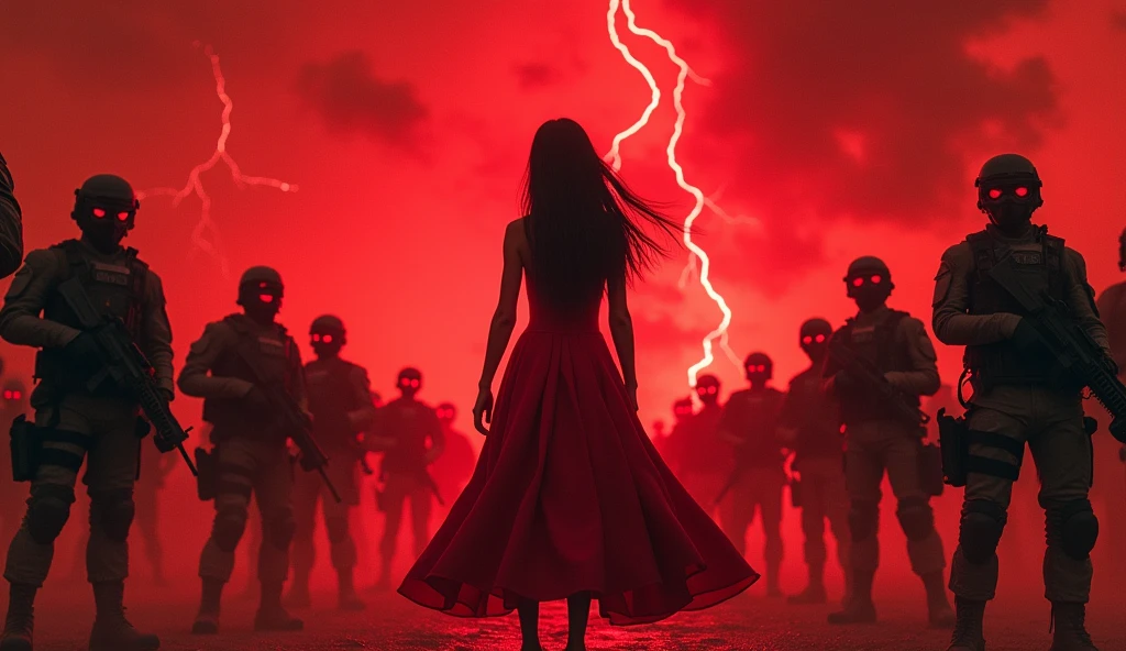 short in red dress with tall black hair is controlling replica operatives wearing tactical gear and masks holding assault rifles. Her eyes glow red and the sky is chaotic red.