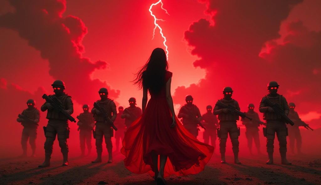 short  in red dress with tall black hair is controlling replica operatives wearing tactical gear and masks holding assault rifles. Her eyes glow red and the sky is chaotic red.