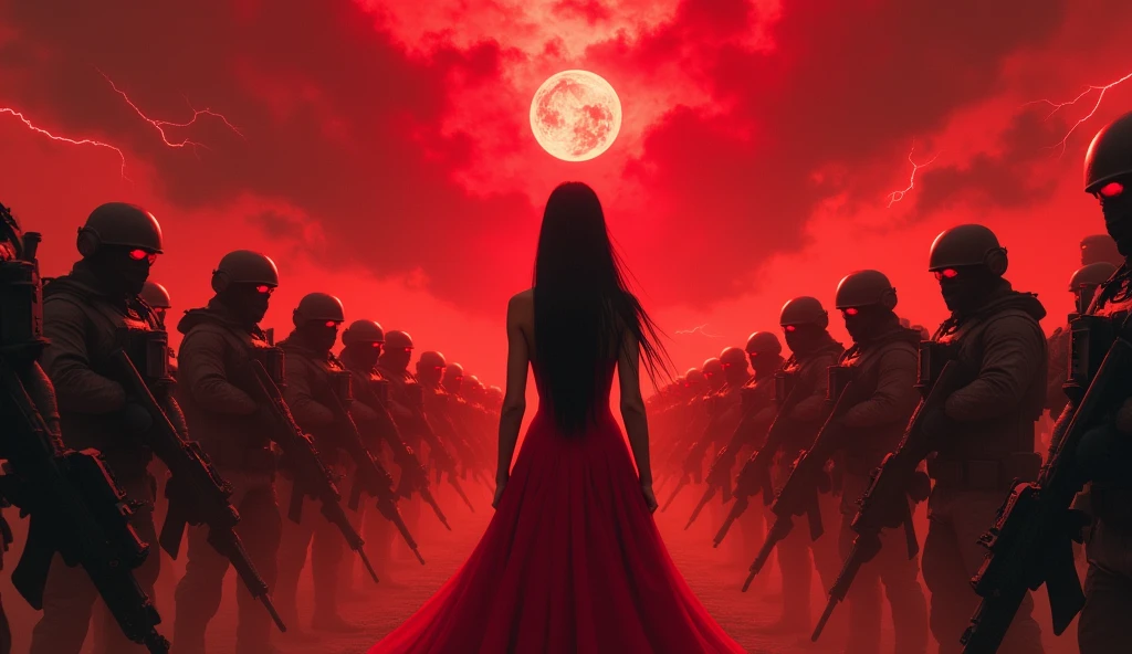 short in red dress with tall black hair is controlling replica operatives wearing tactical gear and masks holding assault rifles. Her eyes glow red and the sky is chaotic red.