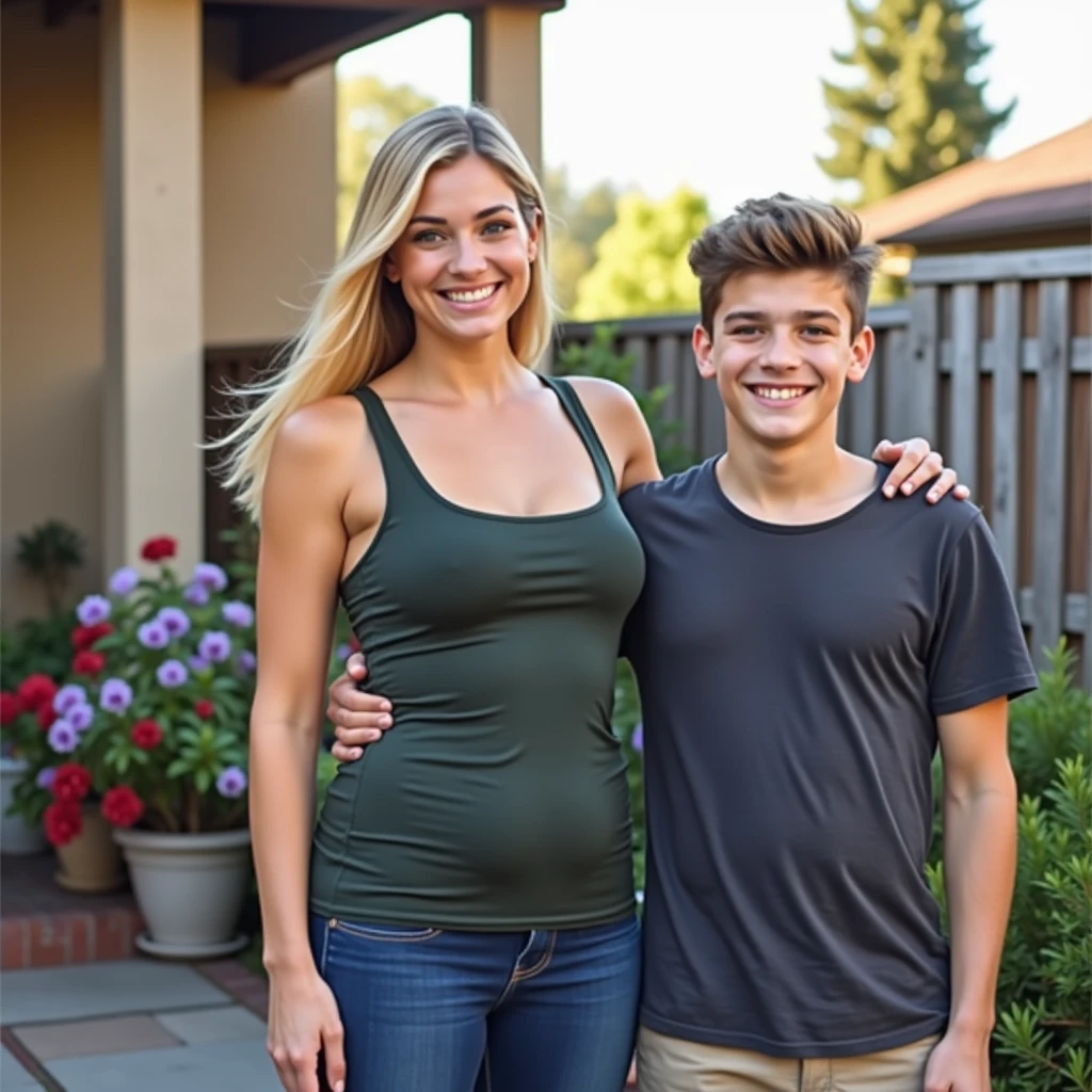 Girl with blonde hair, large , and athletic body wearing tank top with her teen ber at the house backyard
