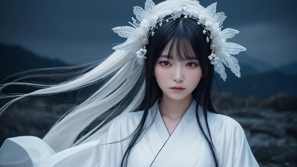 A delicate and lovely ancient goddess with lustrous black hair. She wears a white kimono wear  and a simple silver hair mixture. The background is a fantastic and ethereal night sky, as if possessed by a specter. Her expression is stern and atmospheric.