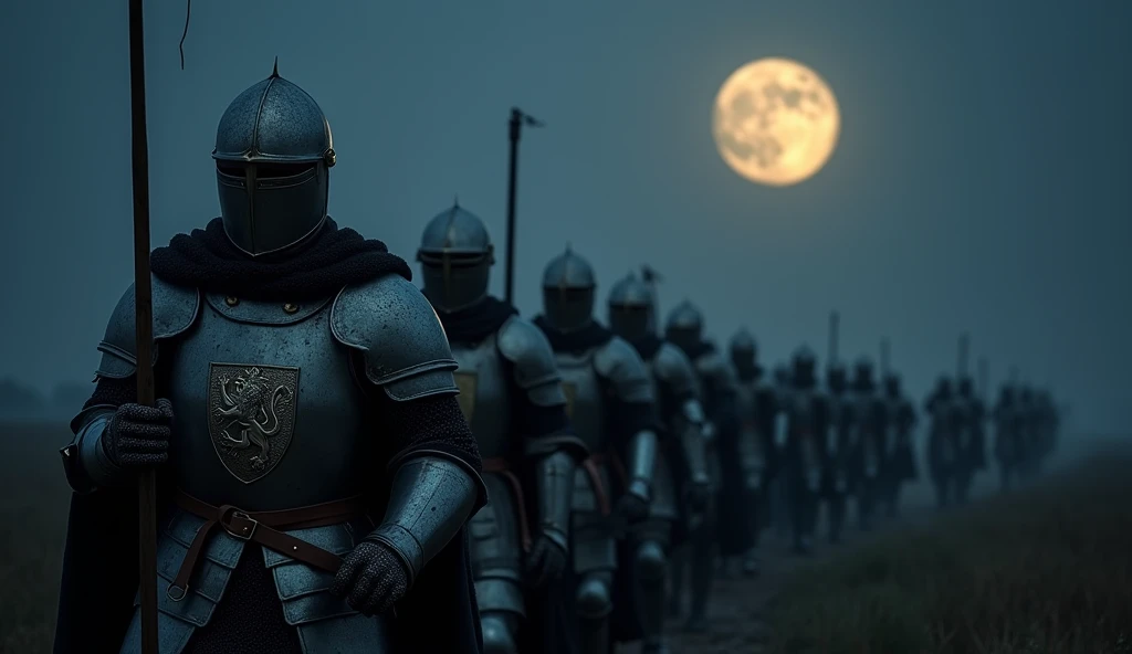 A highly realistic, high-contrast, 8K HD, detailed, hyper-detailed image of medieval knights marching under the night sky, with a full moon shining brightly above. The knights, clad in steel armor with a lion emblem on their tunics and helmets fully covering their faces, move forward with determination. The moonlight casts a soft, eerie glow on their armor, illuminating the path ahead as they advance in formation. The atmosphere is both calm and tense, with the silent march under the moonlight creating a powerful and mysterious mood. The image is of the highest quality, with ultra-high resolution, RAW photo quality, and Unreal Engine rendering, capturing the knights' unwavering resolve as they march through the night, guided by the light of the full moon, with the lion emblem proudly displayed on their armor.
