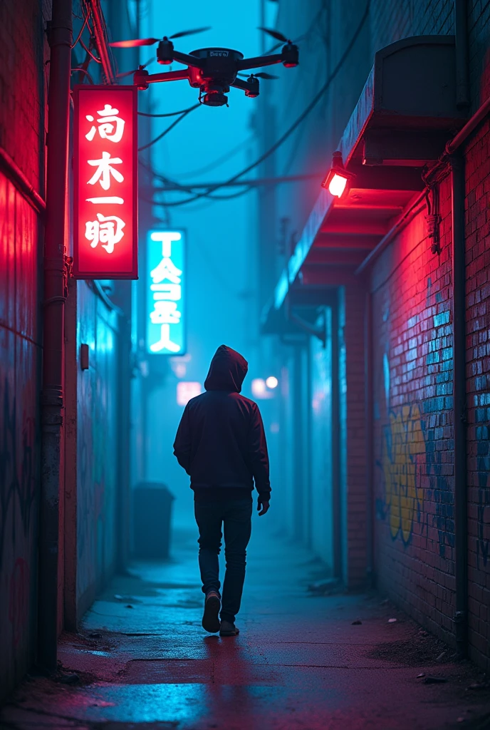 An image filled with neon lights and a person walking down an alleyway, avoiding security cameras and surveillance drones. 