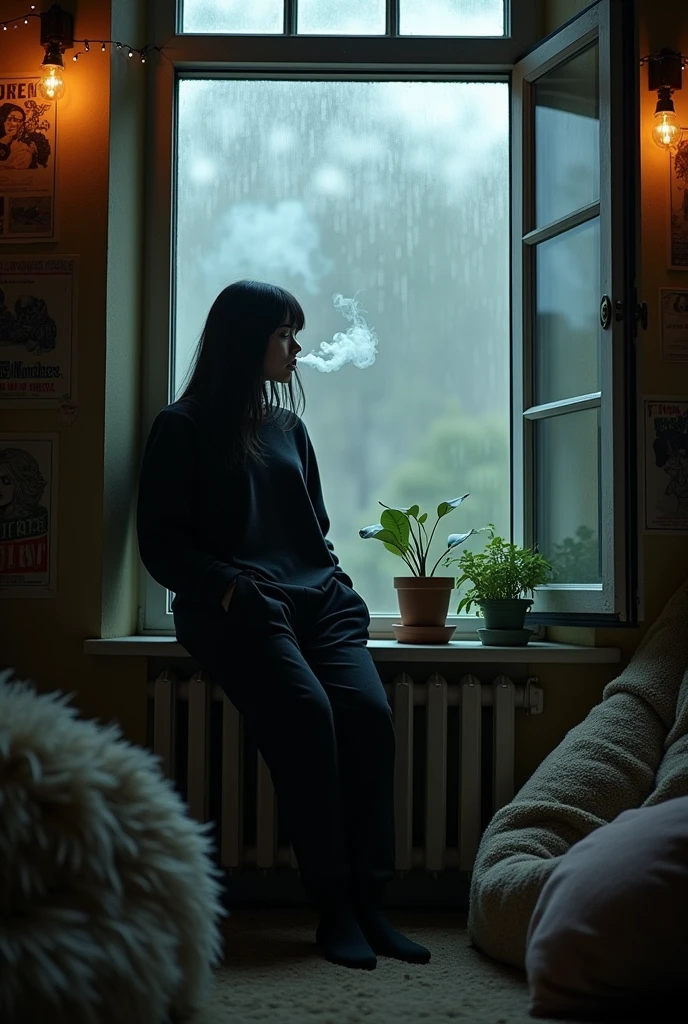 Mysterious girl in baggy balck clothes, joggers smoking in her room
The room should be astheticaly decorated.
Girl is s.oking and lookin outside of the winddow where its a rainy weather but not actually raining
Puffs
Plus girl should be looking outside the window and window should be open
This same picture but the ambiance of room should be dark