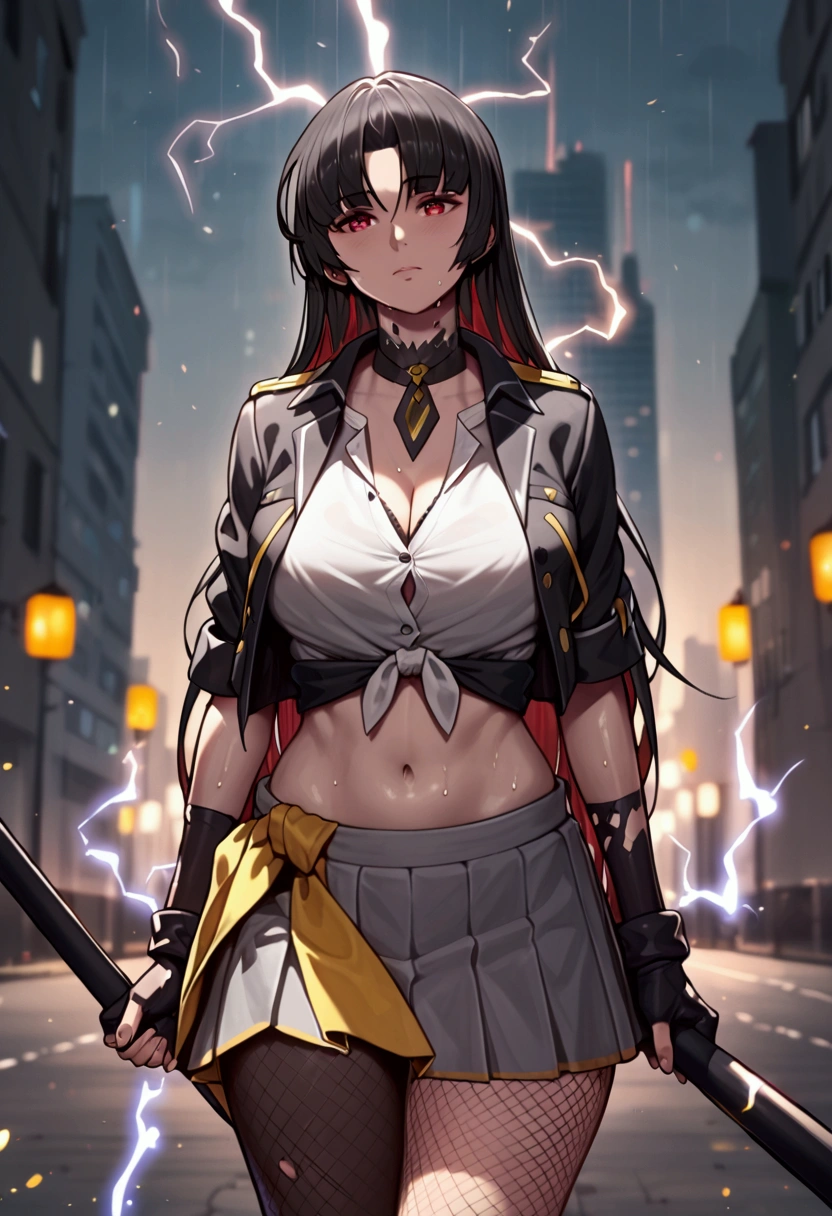 Asura style, (hero neisan style:0.7), score_9, score_8_up, score_7_up, score_6_up, uncensored, Moebius, red eyes, black hair, very long hair, BREAK  Anime Style, Manga Style, Hand drawn, cinematic, Sharp focus, humorous illustration, big depth of field, Masterpiece, concept art, trending on artstation, Vivid colors, Simplified style, trending on ArtStation, trending on CGSociety, Intricate, Vibrant colors, Soft Shading, Simplistic Features, Sharp Angles, Playful, excessive sweating, sweating profusely, sweating drop BREAK, thighs, skirt, gloves, fingerless gloves, shirt, neckerchief, cleavage, miniskirt, pencil skirt, short sleeves, navel, tied shirt, thick thighs, grey skirt, yellow shirt, midriff, white skirt, backlighting, bokeh, field, looking at viewer, gloomy expression, electricity, fishnet stocking,