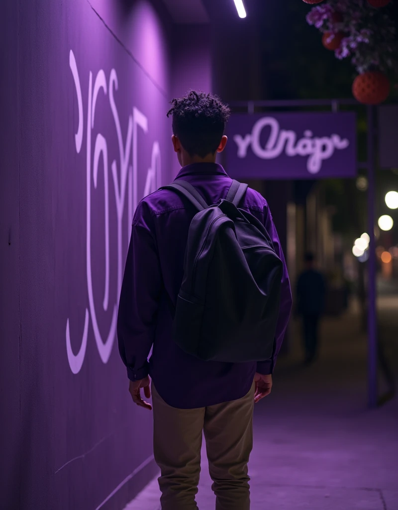 Adult male with short corkscrew hair, walking with his back to the camera wearing a dark purple oversized tailored shirt, Beige pants. night scene with everything in dark purple and a backpack held on one shoulder, dark background with Yona Jpr grande written on it