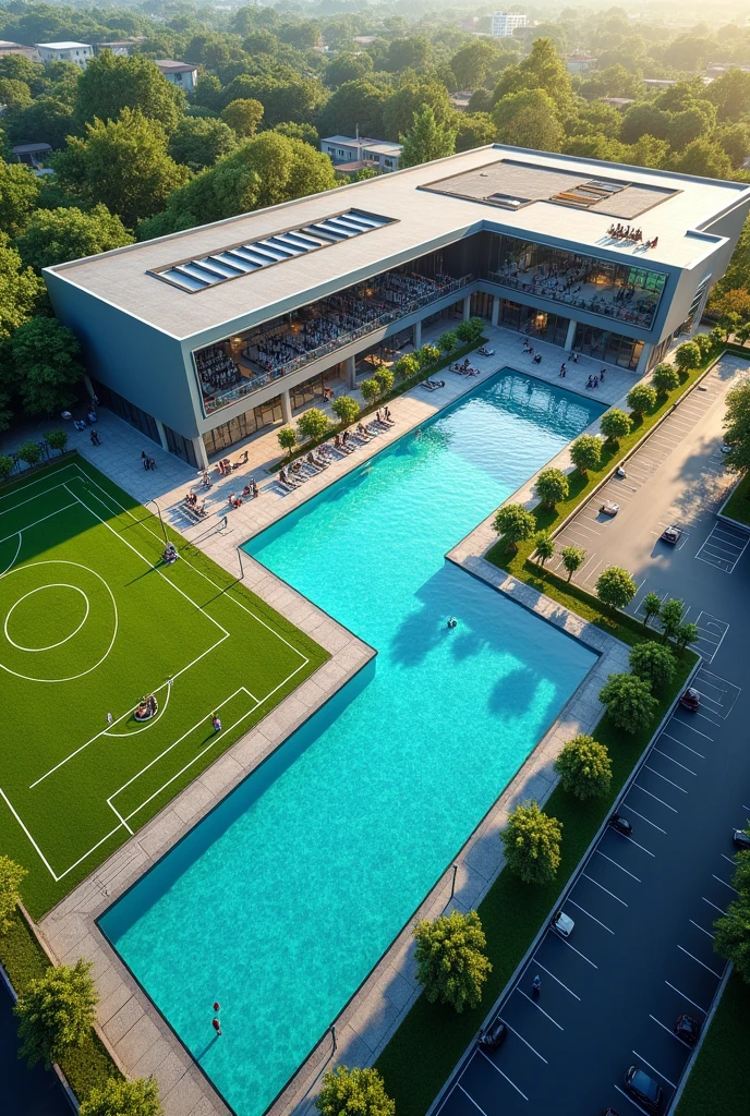 Create an image of a training center with a gym and a swimming pool.,
soccer pitch,
volleyball court
parking
