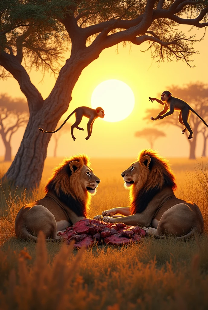 A pride of lions sharing food with monkeys