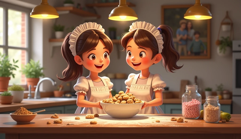 A cozy kitchen scene with two young cartoon maids baking cookies, the room filled with the aroma of freshly baked goods, flour dusted on their aprons, and a warm, inviting atmosphere."
