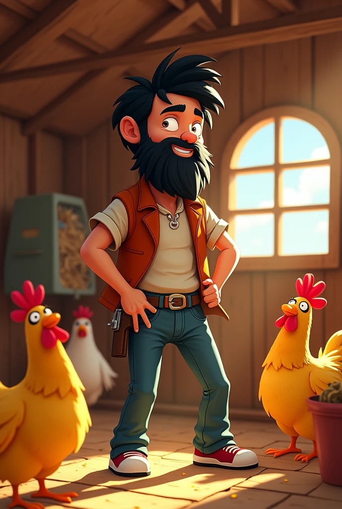 Make a 25-year-old, with a pistol at his waist, bearded, with black hair and in the cartoon chicken coop