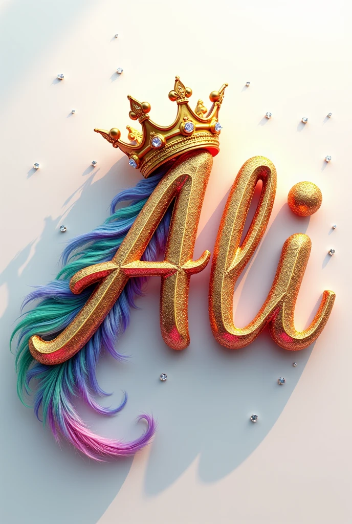 A mesmerizing 3D digital art masterpiece that captivates the viewer with its intricate design. The name,Ali,, is prominently displayed in a striking font, adorned with a luxurious golden crown. A flowing feather gracefully follows behind, adding to the design's visual appeal. The name glows in vibrant colors such as gold, red, deep blue, pink, green, and purple, enhancing its breathtaking beauty. Warm silver lighting illuminates the design, creating depth and dimension, and delicate diamonds are strategically placed for added glamour. The pristine white background highlights the name, transforming the design into a truly fascinating piece. With its cinematicposter-like quality, this extraordinary work of art masterfully blends elements of dark fantasy, and 3D rendering, typography, and 3D shiny,glittery rendering., architecture, typography