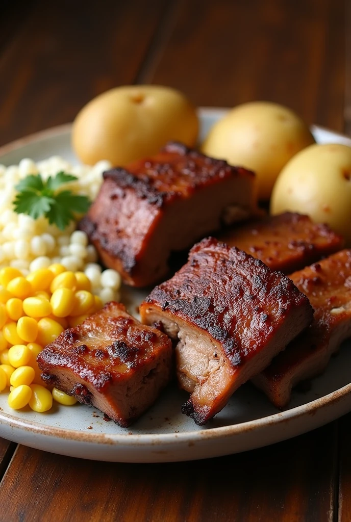 Steamed pork ribs food, cut into large squares with their bone, without sauces on top, with white shelled corn , boiled peeled potato cut in half, Without lemon, Without any green vegetables.
All these ingredients served on the same plate
It should look like the Tarija pork ribs from Bolivia.