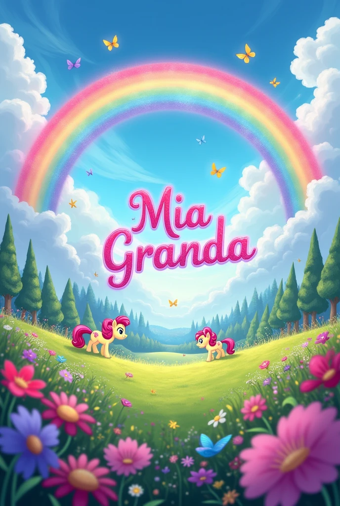 Create a 1:5 aspect ratio image, 1 high and 5 wide. With the theme of the My little pony series with Mia Granda's name in the center.