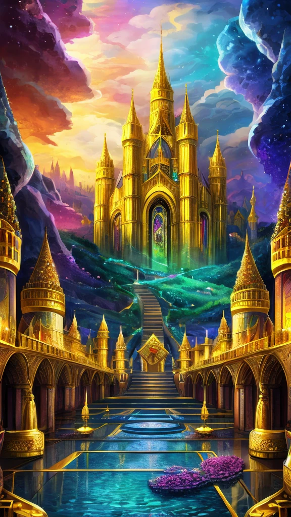 divine empire guarded by angels, dream citadel,golden walls decorated with gems of different colors and shapes, streets paved with gold,rivers of Tourmaline