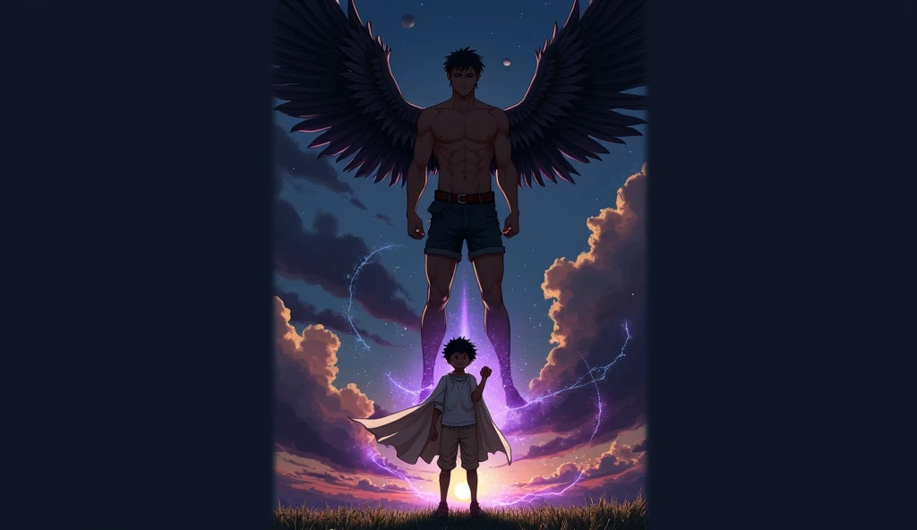 anime style illustration, high quality concept art, clear image, digitalpainting, trends on ArtStation and Pixiv. The scene has a low-angle perspective, showing 1 man and 1 boy in view, two characters, adult version, Children's version, parted, cut from the center from top to bottom, as if breaking the space, thus shaping two different terrains. The man has 1,52 tall, the child is five years old. The background shows sunset with cloudy sky, with natural and bluish lighting, o terreno contrasta entre nuvens nubladas que rodeiam a adult version, a grassy terrain surrounding the version ((the boy has no wings)), movie scene. Male characters with identical appearance: Anatomical Bodies, skin tanned, golden eyes with red tones, Detailed features, ((well drawn eyes)), curly black hair, ((touches of green on the fringe)), bangs reach the eyes. or adult, a Fallen Angel with an athletic physique, stands in an upright pose, with his back slightly arched and his arms at his sides, he is in the sky looking with a blank expression at his child self, looking at camera, his dark wings on full display. Wears tight lingerie, made of black fabric with gold lines, designed with an opening in the back, ((a pair of black wings grow from the man's back)), with feathers illuminated by the sun. The boy is small, has a lean physique, is in a dynamic pose, with his right arm raised to the sky and his fist clenched, while the purple and blue-white magic shines intensely around him. Your expression is stern, with furrowed brows in deep concentration. He wears loose clothing for the cold: tight beige pants, golden regatta, white sports sneakers, with a white velvet cloak firmly covering him, in addition to a necklace with a bright sapphire exposed on his chest. An illusory pentagram appears on the ground near the feet of the , lights shine with purple touches of darkness, mixed with deep blues.