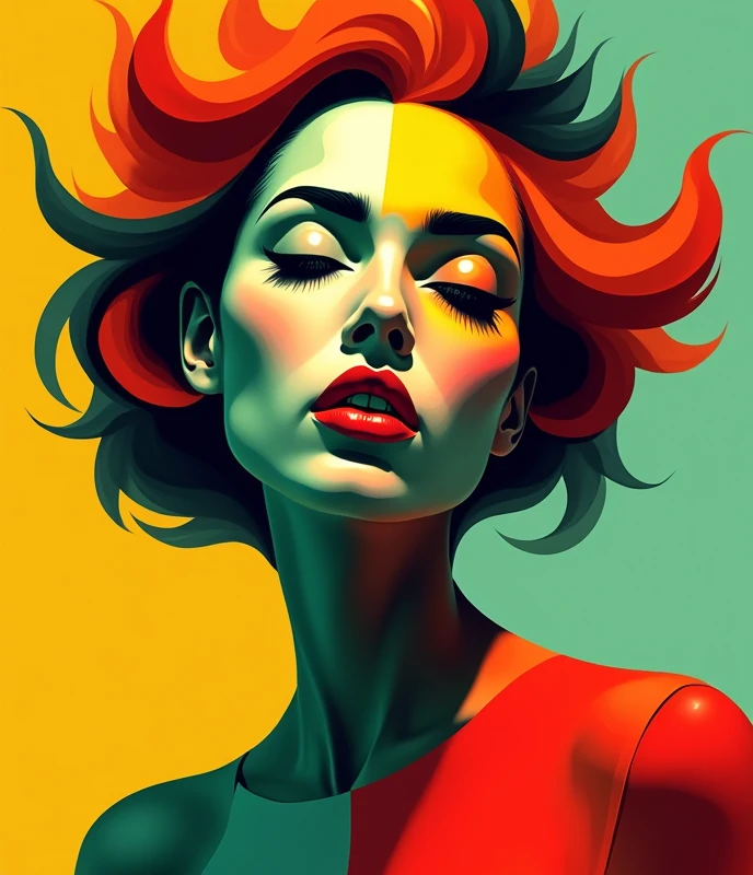 Create a cubist-inspired digital artwork featuring a stylized female figure. The composition should include fragmented and geometric shapes with bold, contrasting colors like red, yellow, green, and orange. The subject's face should be depicted from multiple perspectives, with abstract angles and sharp lines, giving it a surreal, avant-garde appearance. The overall style should evoke the early 20th-century Cubism movement, emphasizing the flatness of the canvas while exploring depth and form through color and shape.
