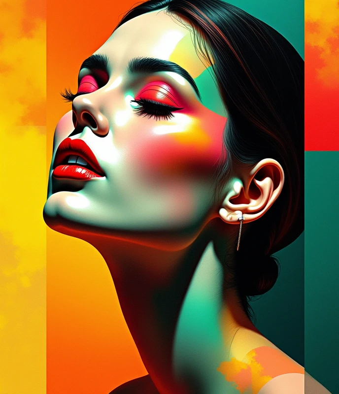 Create a cubist-inspired digital artwork featuring a stylized female figure. The composition should include fragmented and geometric shapes with bold, contrasting colors like red, yellow, green, and orange. The subject's face should be depicted from multiple perspectives, with abstract angles and sharp lines, giving it a surreal, avant-garde appearance. The overall style should evoke the early 20th-century Cubism movement, emphasizing the flatness of the canvas while exploring depth and form through color and shape.