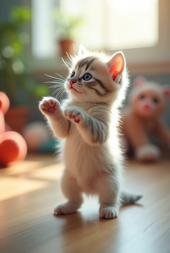 a baby kitten standing on 2 paws