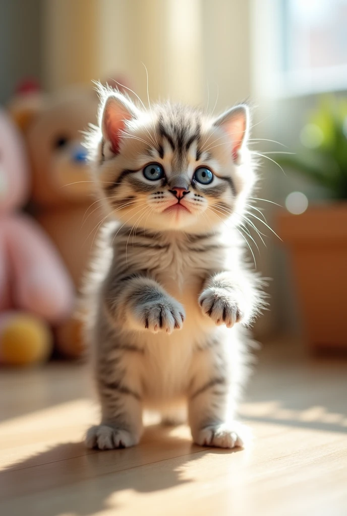 a baby kitten standing on 2 paws