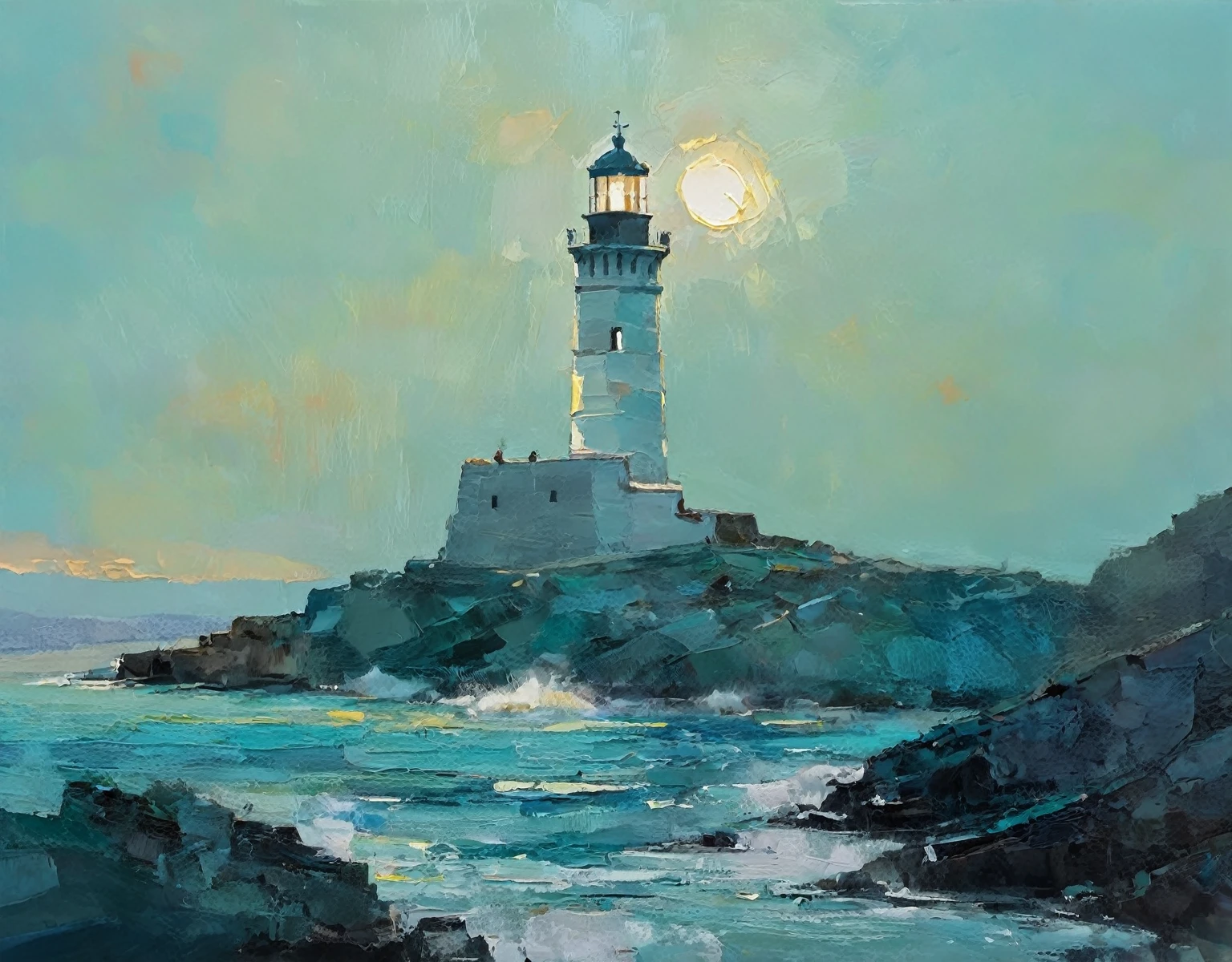 there is a lighthouse on a rocky cliff with a light on, a thick textured oil painting, impasto brushstrokes, dry brushing,revealing underlayers, breathtaking composition, Create an art deco inspired illustration of A scenic lighthouse Chania Lighthouse (Greece), overlooking the turquoise waters of sunset. Include vibrant pastel colors, sleek lines, and a retro summer atmosphere. The style should be reminiscent of vintage travel posters with a modern twist, breathtaking composition, wall art decor, Chania Lighthouse (Greece), Chania Lighthouse (Greece)