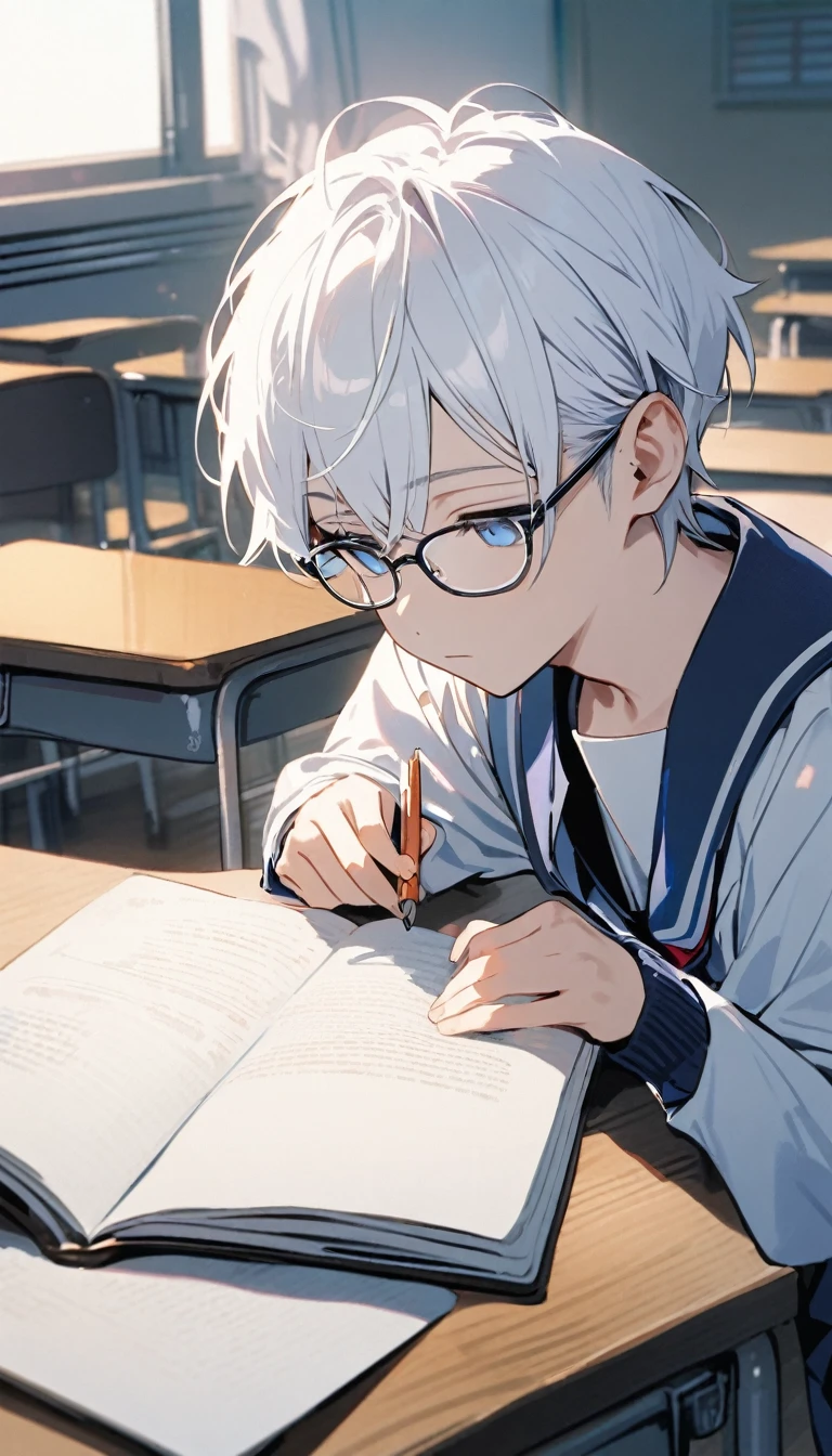 japanese school uniform, emotionless, cool, nerd, 1 male ager, white hair, blue eyes, upper body, classroom, glasses, calm, studying