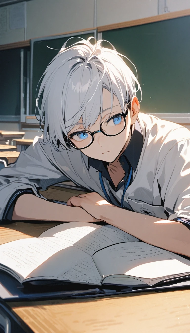 japanese school uniform, emotionless, cool, nerd, 1 male teenager, white hair, blue eyes, upper body, classroom, glasses, calm, studying