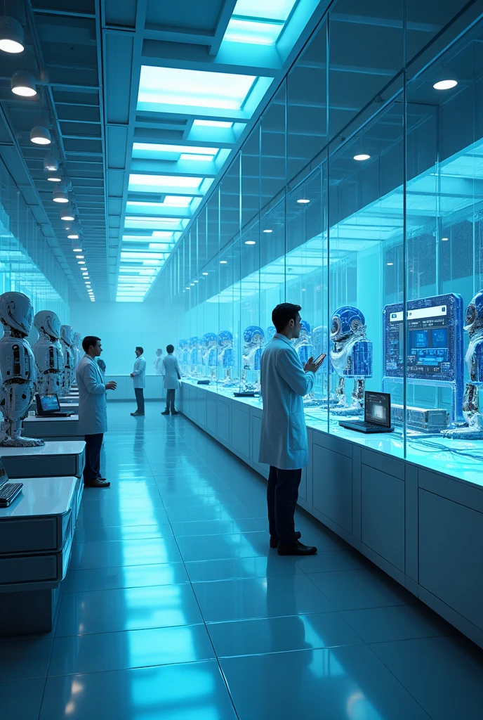 Imagine a large laboratory, glass and marble, sleek, modern, high society, blue lighting, old money, futuristic, robotics, hyperrealistic, holograms of people