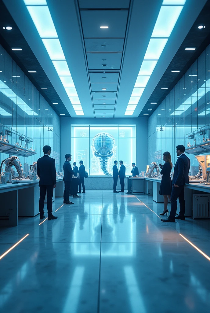Imagine a large laboratory, glass and marble, sleek, modern, high society, blue lighting, old money, futuristic, robotics, hyperrealistic, holograms of people 